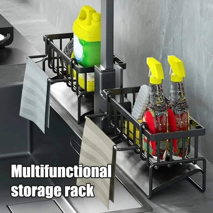 Sink Caddy with Water Draining Tray Multifunctional Sink Sponge and Detergent Storage Rack, Carbon Steel and Plastic, 23x11x9cm, Available in White and Black