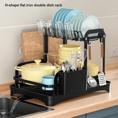 Tier Dish Drying Rack with Drip Tray Carbon Steel, Chopping Board Rack & Spoon Holder, 42x32x30cm