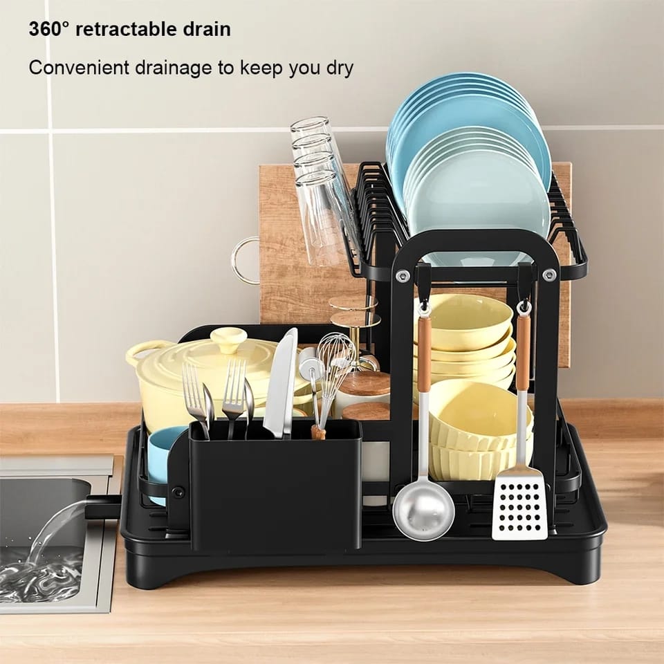 Tier Dish Drying Rack with Drip Tray Carbon Steel, Chopping Board Rack & Spoon Holder, 42x32x30cm