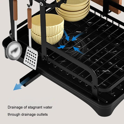 Tier Dish Drying Rack with Drip Tray Carbon Steel, Chopping Board Rack & Spoon Holder, 42x32x30cm