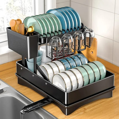 2 Tier Foldable Dish Drying Rack with Drip Tray Carbon Steel, Space-Saving Design with Chopping Board Rack & Spoon Holder