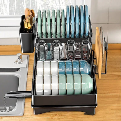 2 Tier Foldable Dish Drying Rack with Drip Tray Carbon Steel, Space-Saving Design with Chopping Board Rack & Spoon Holder