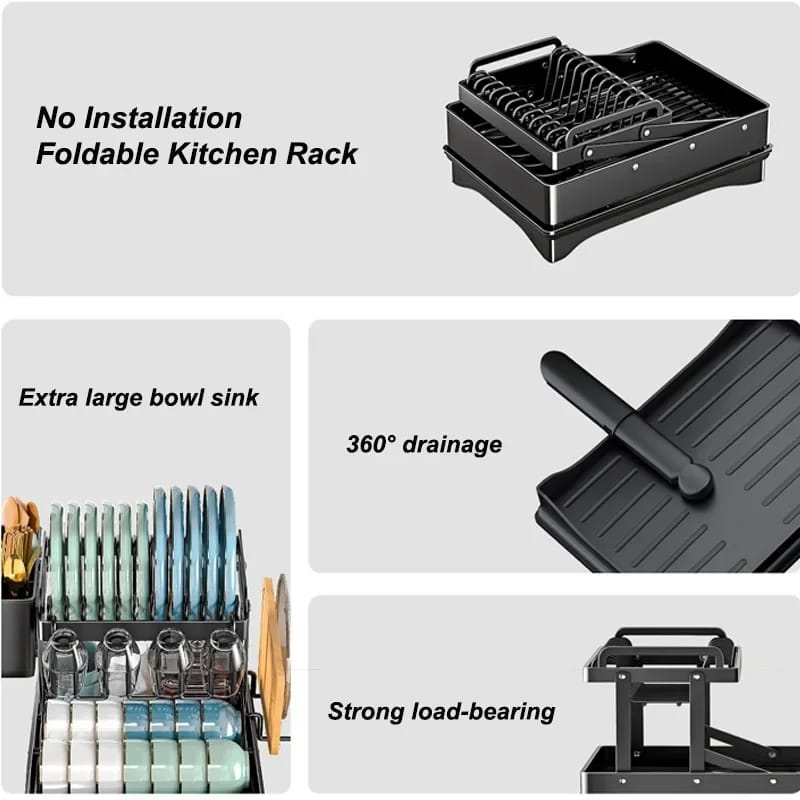 2 Tier Foldable Dish Drying Rack with Drip Tray Carbon Steel, Space-Saving Design with Chopping Board Rack & Spoon Holder