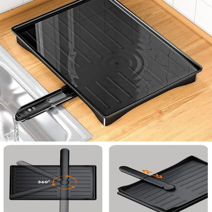 2 Tier Foldable Dish Drying Rack with Drip Tray Carbon Steel, Space-Saving Design with Chopping Board Rack & Spoon Holder