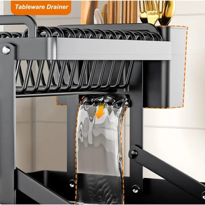 2 Tier Foldable Dish Drying Rack with Drip Tray Carbon Steel, Space-Saving Design with Chopping Board Rack & Spoon Holder