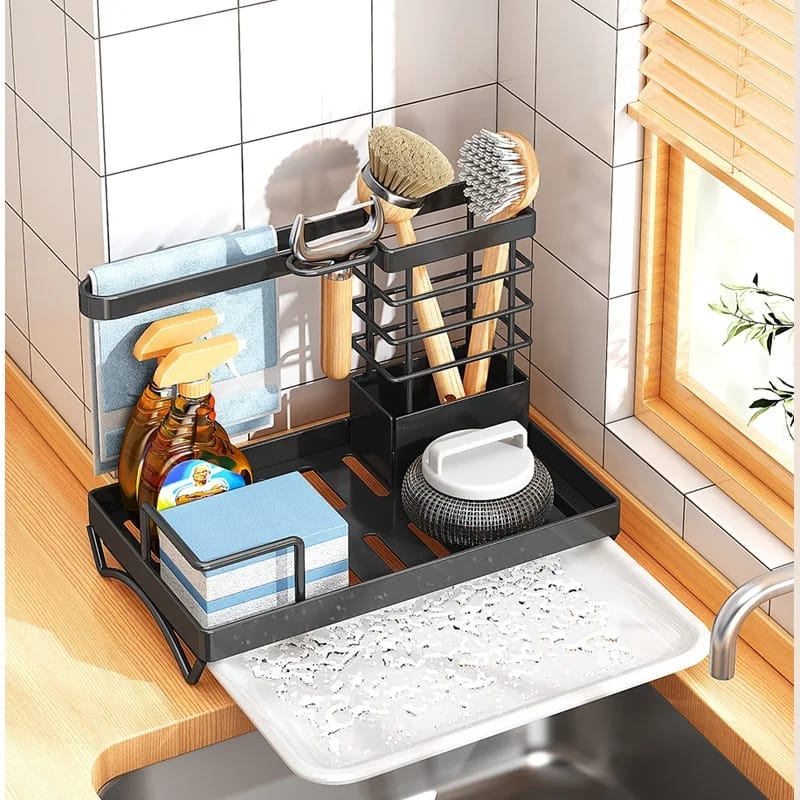 Sink Caddy Soap Dish Holder with Draining Tray Carbon Steel, Black