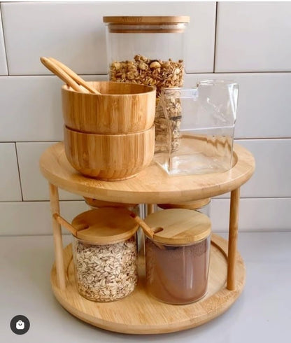 Bamboo Rotating Spice Rack 360° Rotating Organizer for Kitchen Spices and Condiments