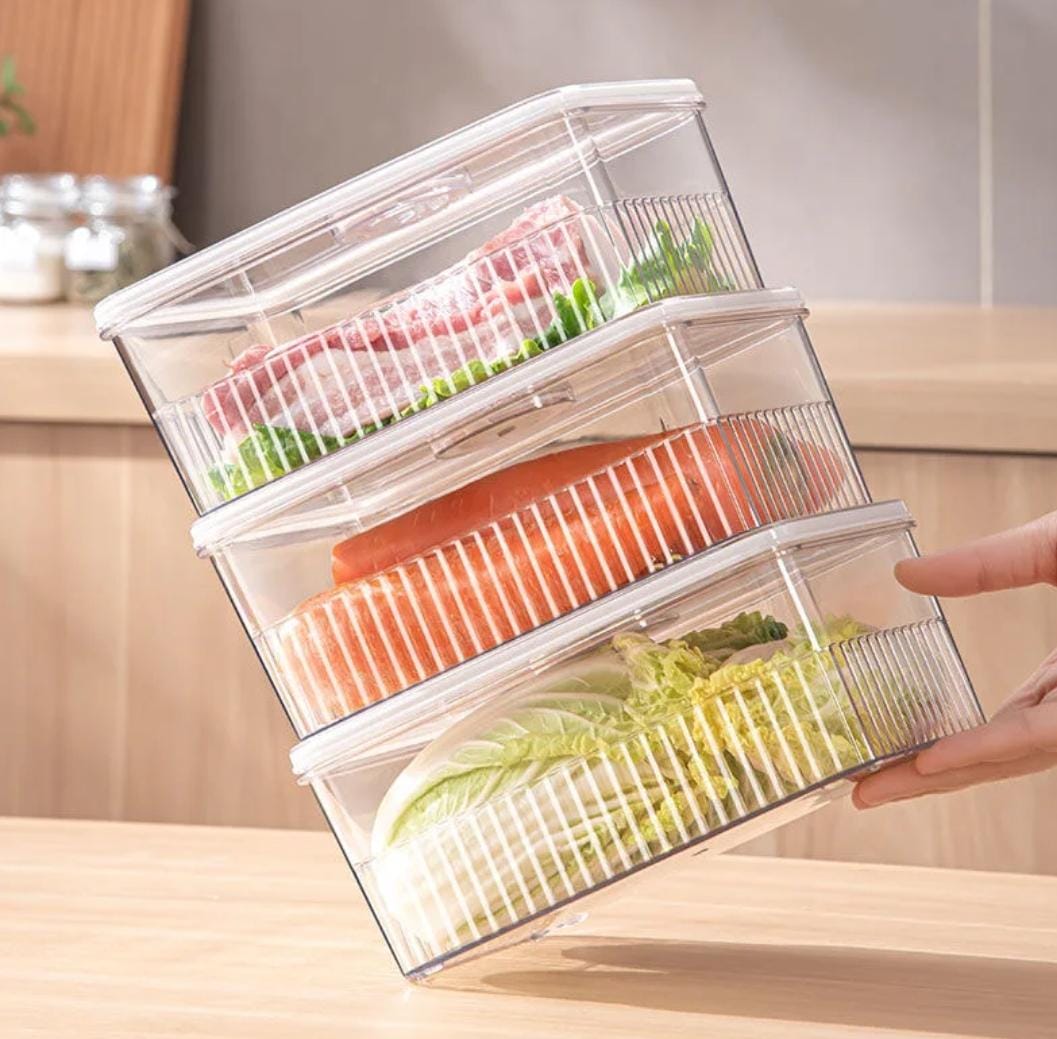 Acrylic Fridge Storage Containers with Lid | Clear Stackable Organizer for Fruits, Vegetables, Salads & Cereals