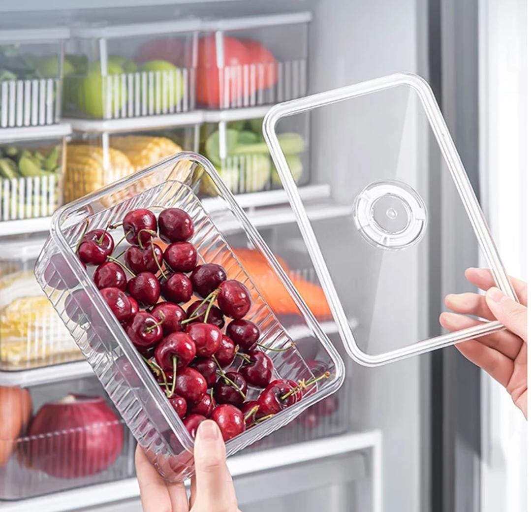 Acrylic Fridge Storage Containers with Lid | Clear Stackable Organizer for Fruits, Vegetables, Salads & Cereals