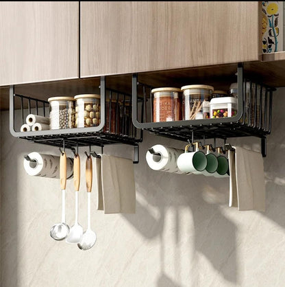 Metallic Under Shelf Rack with Hooks | 29x24.5x18.5cm Paper Towel Holder - Black or White