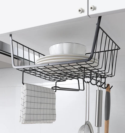 Metallic Under Shelf Rack with Hooks | 29x24.5x18.5cm Paper Towel Holder - Black or White