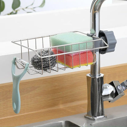 Kitchen Stainless Steel Sink Drain Rack Sponge, Soap, and Towel Storage Faucet Holder & Organizer