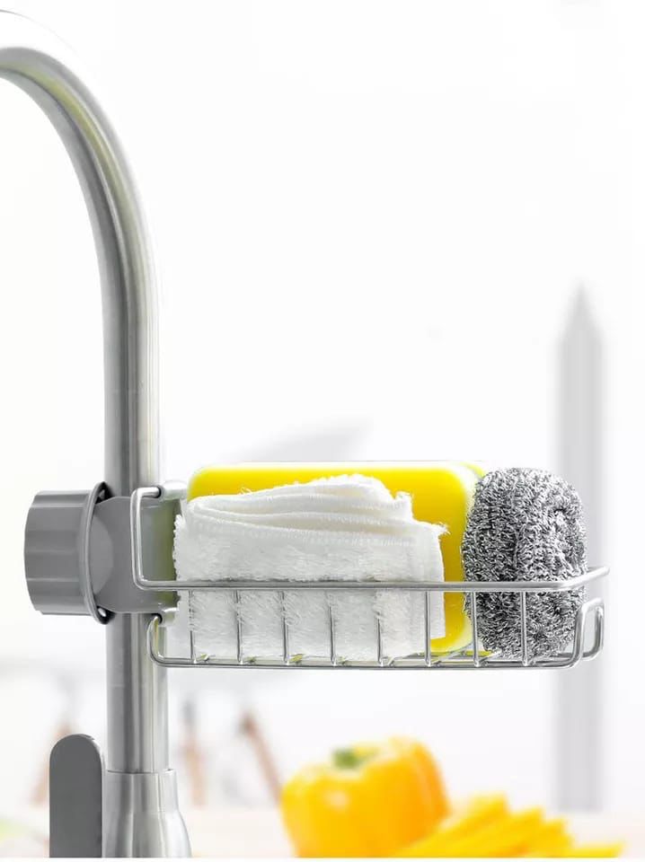 Kitchen Stainless Steel Sink Drain Rack Sponge, Soap, and Towel Storage Faucet Holder & Organizer