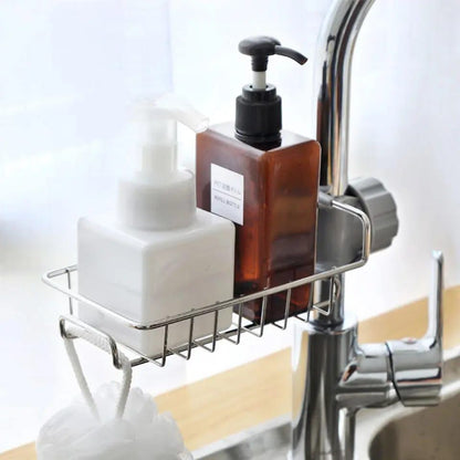 Kitchen Stainless Steel Sink Drain Rack Sponge, Soap, and Towel Storage Faucet Holder & Organizer