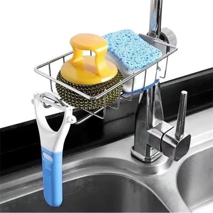 Kitchen Stainless Steel Sink Drain Rack Sponge, Soap, and Towel Storage Faucet Holder & Organizer