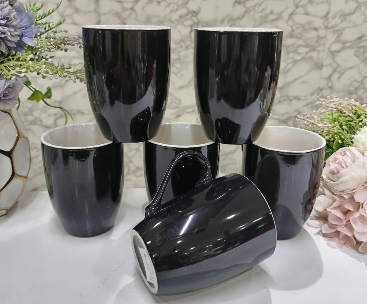 Black Ceramic Mugs 6-Piece Set – 350ml Capacity, Elegant Coffee & Tea Cups