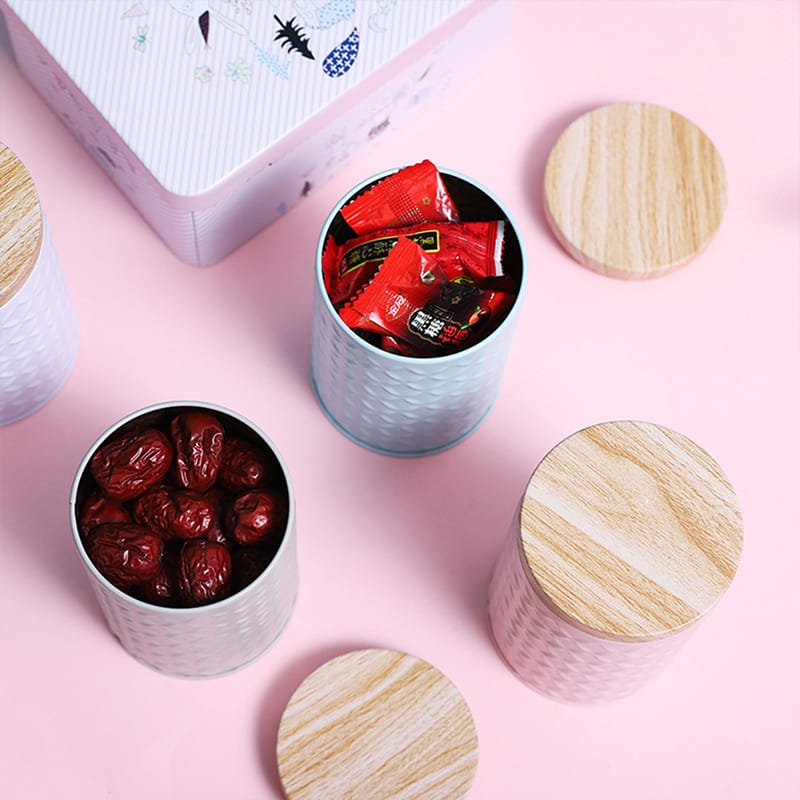 Round Wood Grain Tin Box