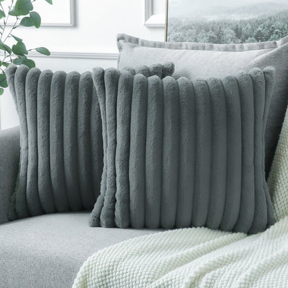 1pc Large Stripe Solid Color Pillow Cover Soft Plush Pillowcase | Luxurious Ribbed Cushion Cover| Home Decor Bedroom Living Room Throw Cushion}Decorative Throw Pillow {45 x 45 cm}| Grey & Orange