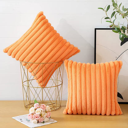 1pc Large Stripe Solid Color Pillow Cover Soft Plush Pillowcase | Luxurious Ribbed Cushion Cover| Home Decor Bedroom Living Room Throw Cushion}Decorative Throw Pillow {45 x 45 cm}| Grey & Orange