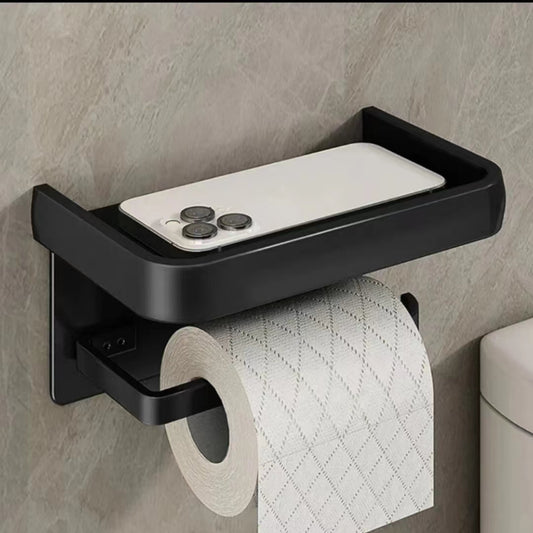 Metallic Tissue Holder,Wall Mount,With Surviette shelf, Phone Shelf,Key Shelf,Toilet Paper Roller,Rust Resistant,Self Adhesive Black,White