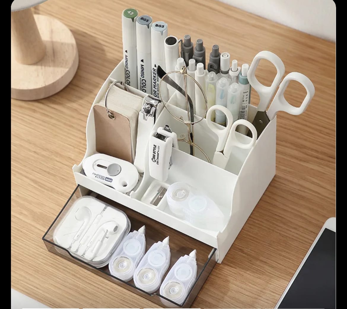 Mini Desk Organizer Accessories with Pen Holder and Drawer Compact Desk Storage Solution, 17cm x 12cm x 11cm