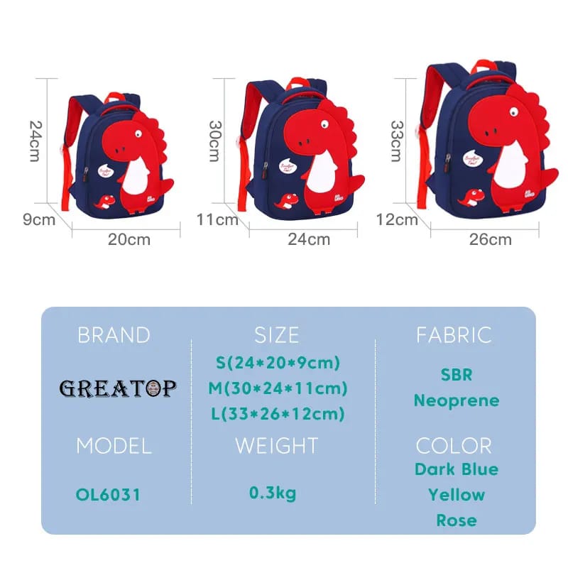 3D Dinosaur Cartoon Kids School Bag Cute Toddler Backpack, Medium Size 30x22x10cm