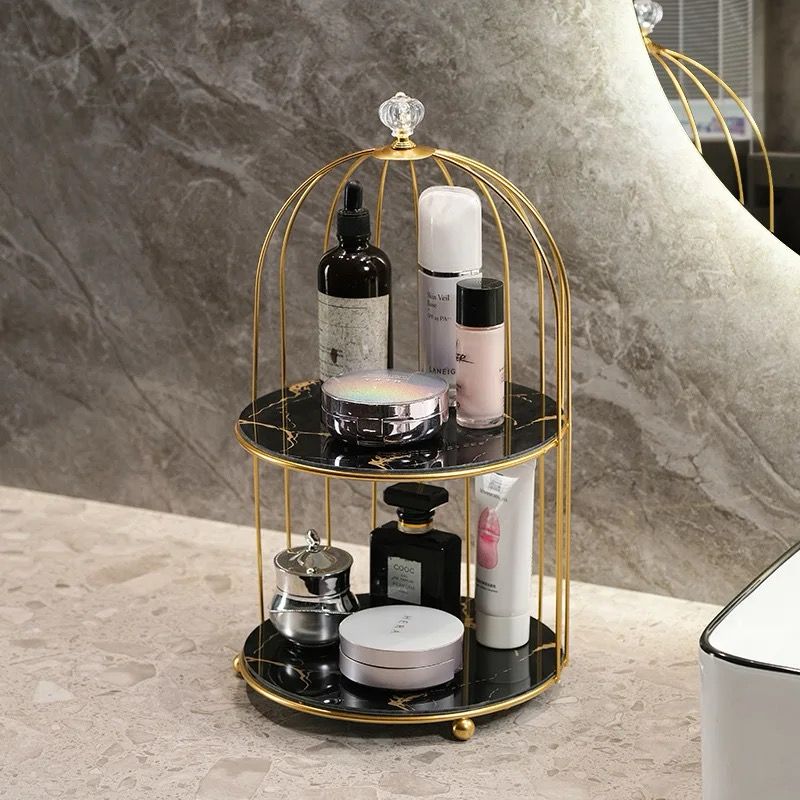 2 Tier Luxury Marble Textured Makeup Storage Organizer with Gold Metal Frame Elegant Cosmetic Organizer, Black & White.