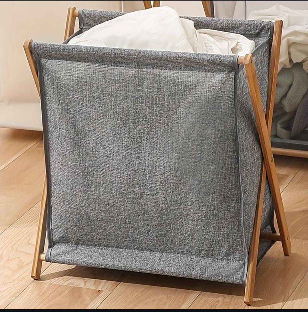 Foldable Laundry Basket with Bamboo Stand Durable Oxford Cloth Hamper for Laundry, Available in Beige and Grey