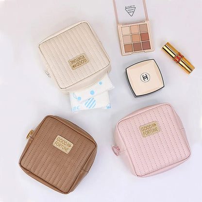 Portable Women's Mini Cosmetic Bag – PU Leather Makeup Pouch for Lipsticks, Sanitary Pads, and Data Cable Storage