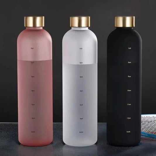 BPA Free Portable 1000ml Frosted Transparent Plastic Water Bottle with Time Scale  | Large Capacity Sports & Leak Proof Rubber Outdoor Water Bottle