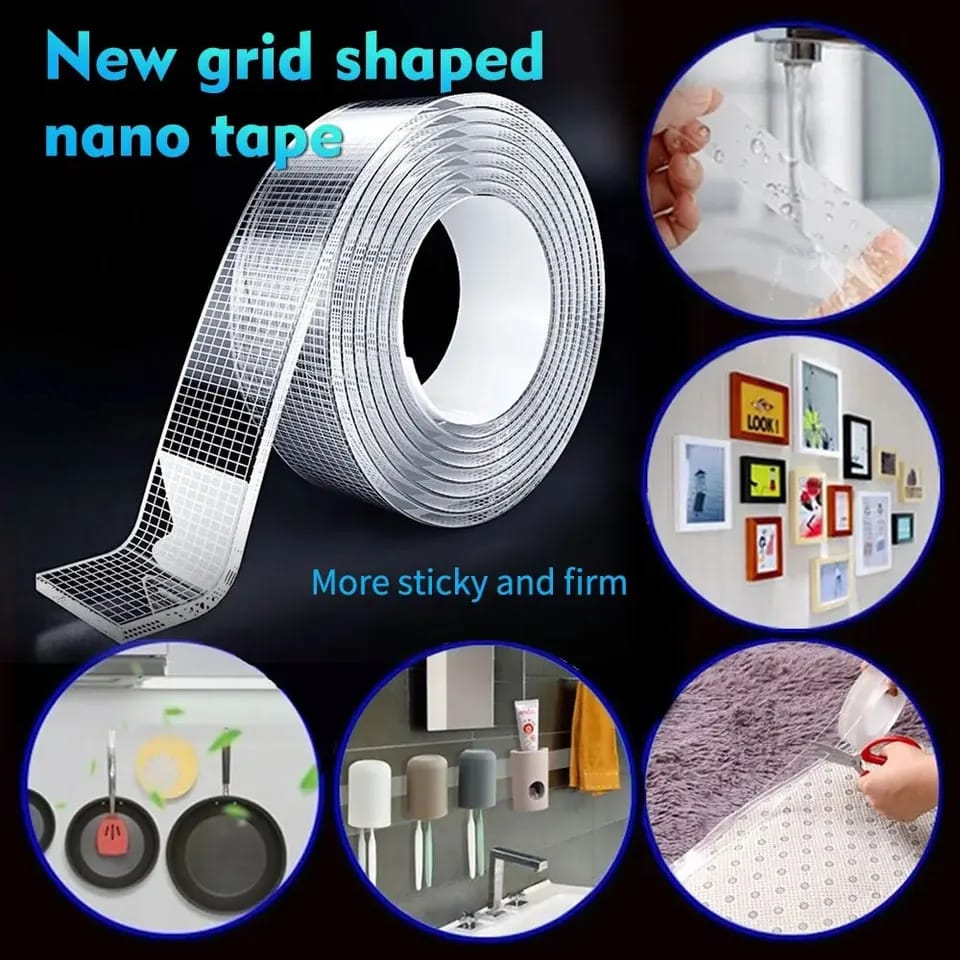 Super Strong Double Sided Adhesive Tape 5cm x 1M Heavy Duty, Waterproof & Reusable Nano Tape for Kitchen & Bathroom