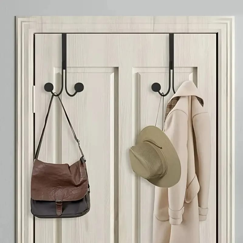 Over The Door Double Hanger Hooks Punch Free Hooks for Hats, Bags, Clothes, Towels, and Coats.