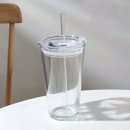 500ml Round Transparent Borosilicate Drinking Glass Cup/Tumbler with Lid and Straw