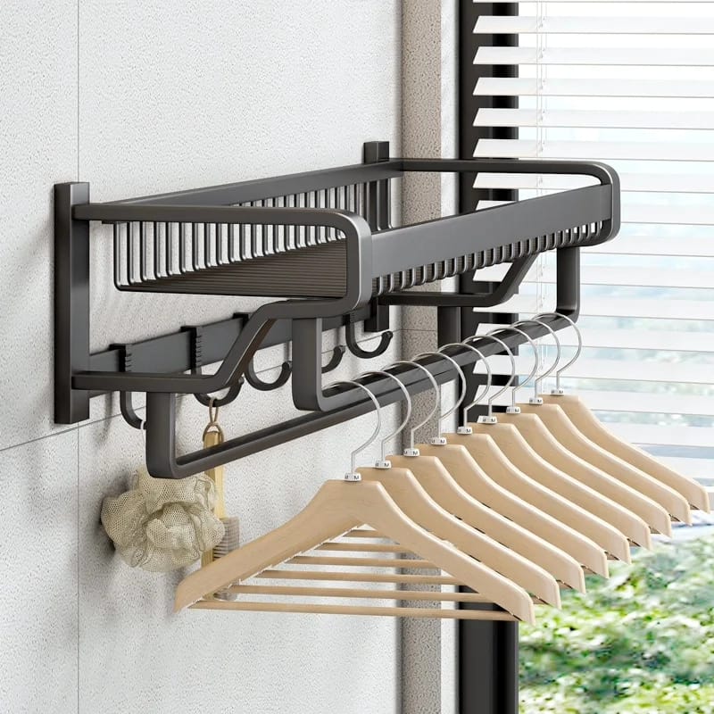 Bathroom Wall Mounted Double Layer Towel Rack with Hooks Aluminum, No Drilling Matte Black Shower Rack (60cm)