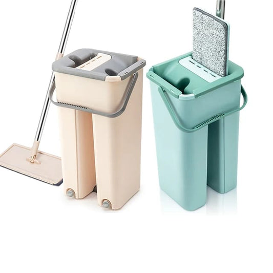 High Quality Flat Vertex Mop with Bucket For Wet & Dry Surfaces, Extra Mopping Cloth Included (Green & Beige)