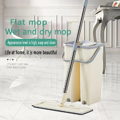 High Quality Flat Vertex Mop with Bucket For Wet & Dry Surfaces, Extra Mopping Cloth Included (Green & Beige)