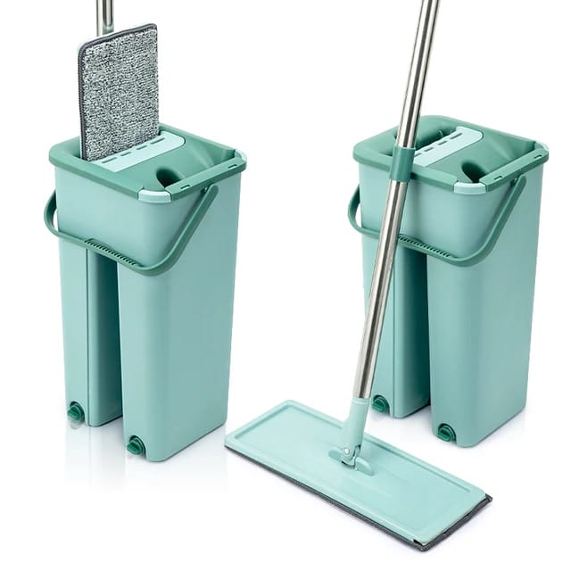 High Quality Flat Vertex Mop with Bucket For Wet & Dry Surfaces, Extra Mopping Cloth Included (Green & Beige)