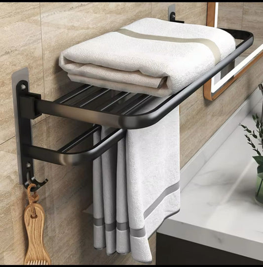 Black Heavy Aluminum Double Layer Towel Rack 60cm Foldable Shelf, Non Drilling or Drilling Option for Bathroom