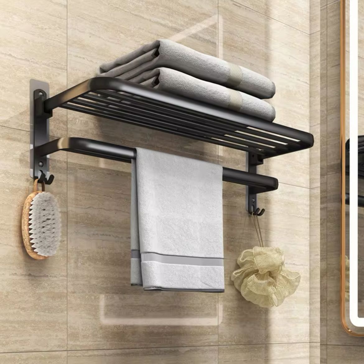 Black Heavy Aluminum Double Layer Towel Rack 60cm Foldable Shelf, Non Drilling or Drilling Option for Bathroom