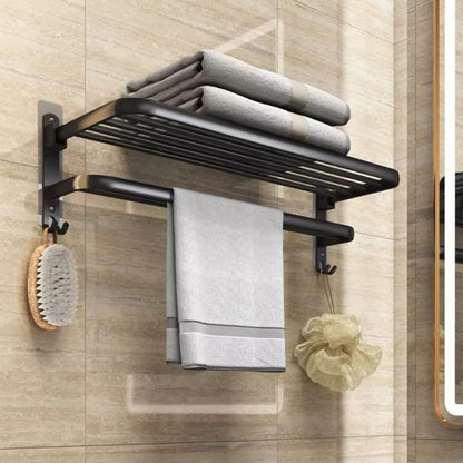 Black Heavy Aluminum Double Layer Towel Rack 60cm Foldable Shelf, Non Drilling or Drilling Option for Bathroom