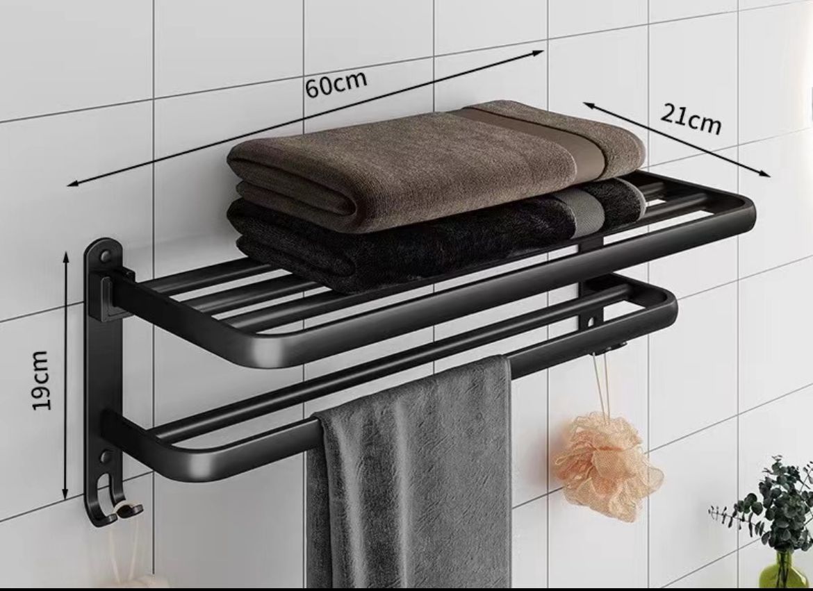 Black Heavy Aluminum Double Layer Towel Rack 60cm Foldable Shelf, Non Drilling or Drilling Option for Bathroom