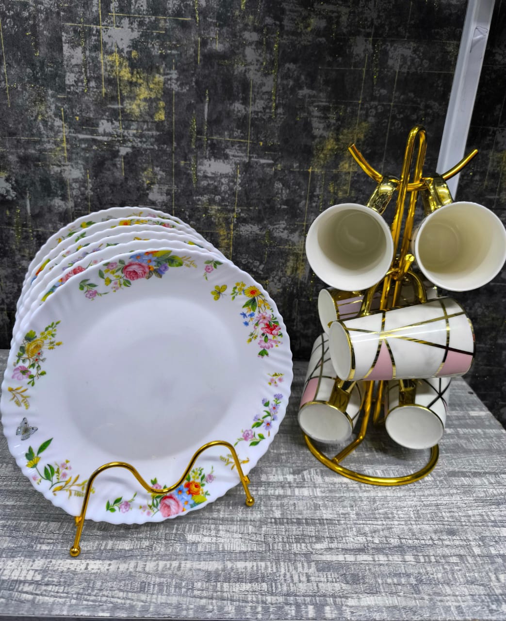 12 Piece Dinner Set Combo | Elegant Plates & Long Gold Mugs for Sophisticated Dining