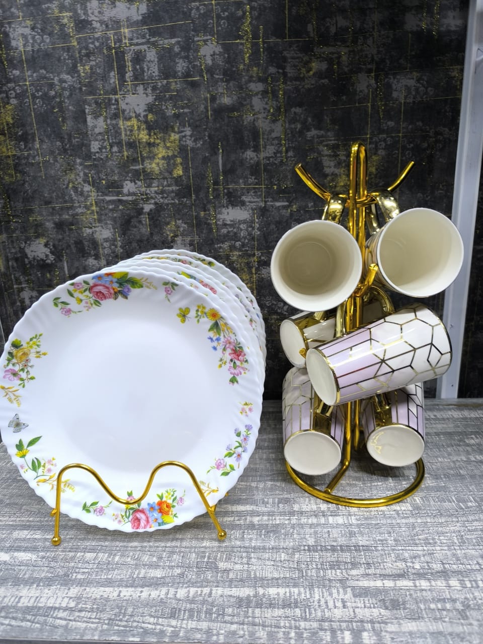 12 Piece Dinner Set Combo | Elegant Plates & Long Gold Mugs for Sophisticated Dining