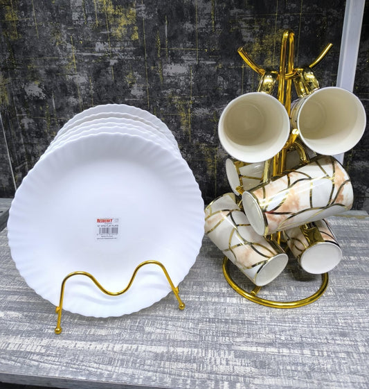 12 Piece Dinner Set Combo | Elegant Plates & Long Gold Mugs for Sophisticated Dining