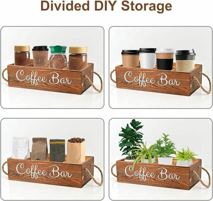 Wooden Coffee/Tea Organizer with 3 Removable Dividers | Eco-Friendly, Hand-Painted Coffee Bar Design