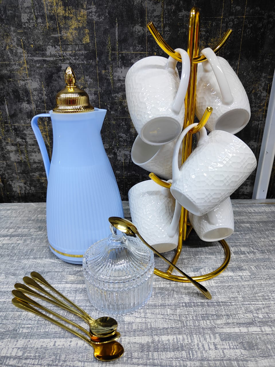 14 Piece Beautiful Tea Set | Elegant Flask, Cups, Sugar Dish & Gold Spoons