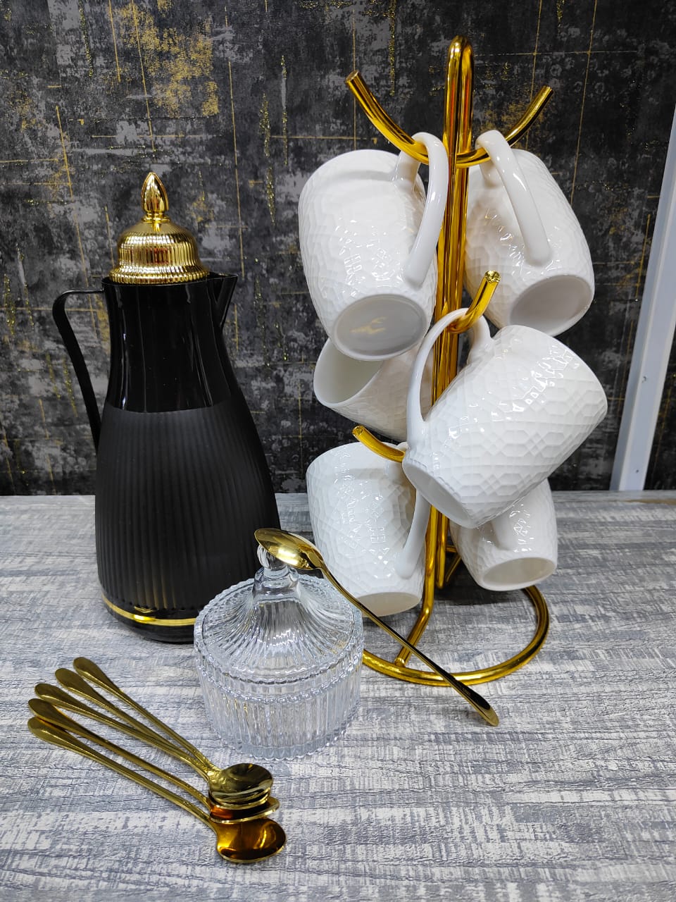 14 Piece Beautiful Tea Set | Elegant Flask, Cups, Sugar Dish & Gold Spoons