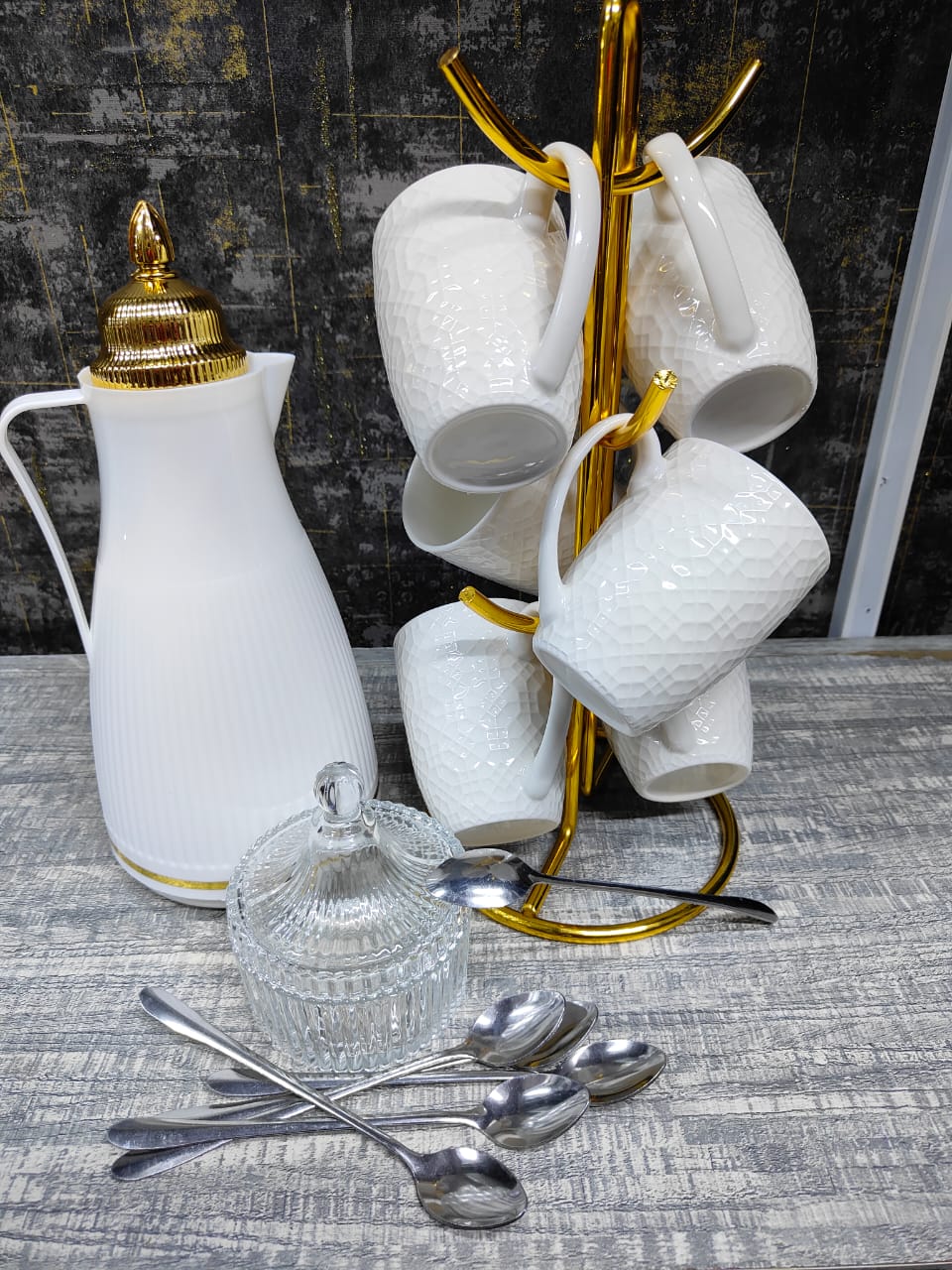 14 Piece Beautiful Tea Set | Elegant Flask, Cups, Sugar Dish & Gold Spoons