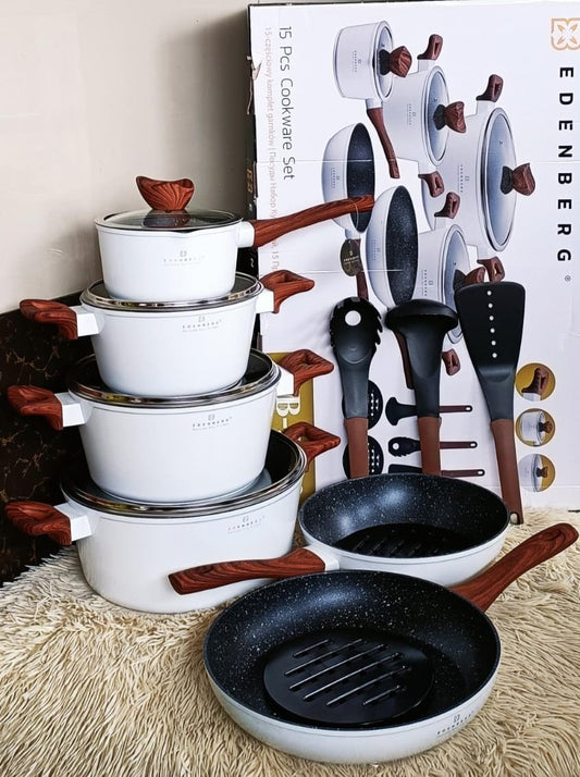 Edenberg 15pcs Cookware Set | White with Wooden Handles, Nonstick Pots and Pans with Lids