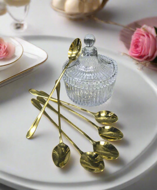 Sugar Dish with 6 Piece Gold Plated Tea Spoons Set | Elegant Glass Dish | 1 Glass Sugar Dish, 6 GoldPlated Tea Spoons